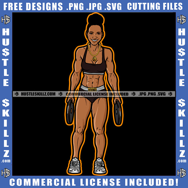 African American Fitness Woman Holding Weight Smile Face Vector Design Element Melanin Six Pack Woman Wearing Bikini SVG JPG PNG Vector Clipart Cricut Cutting Files
