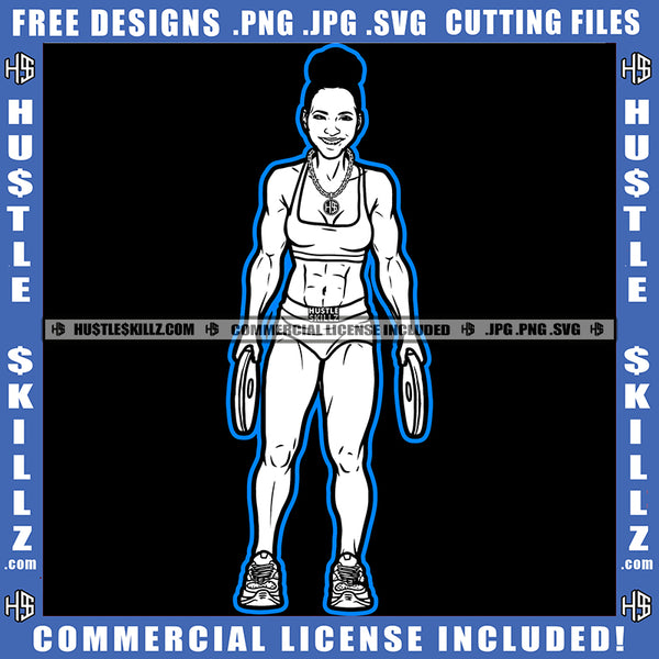 African American Fitness Woman Holding Weight Smile Face White Color Vector Design Element Melanin Six Pack Woman Wearing Bikini SVG JPG PNG Vector Clipart Cricut Cutting Files