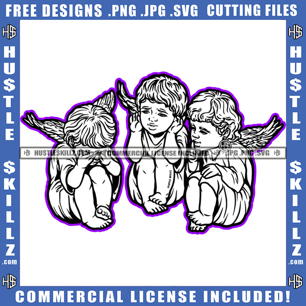 Baby Angel Sitting Vector Design Element Children Angel Wings Thinking Hand On Face SVG JPG PNG Vector Clipart Cricut Cutting Files