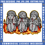 Baby Angel Sitting Vector Design Element Children Angel Wings Thinking Hand On Face Eyes Blood Dripping Fire On Floor SVG JPG PNG Vector Clipart Cricut Cutting Files