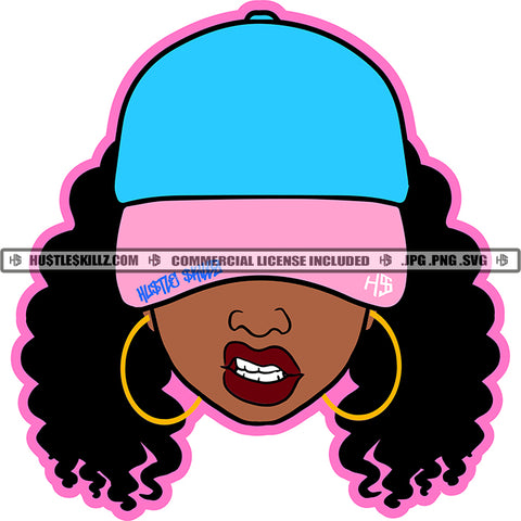 African American Melanin Woman Purple Baseball Cap Hat Curly Hairstyle Big Hoop Earrings Grind Angry Face Design Element SVG PNG JPG Vector Cutting Cricu