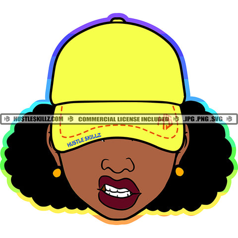 African American Melanin Woman Yellow Baseball Cap Hat Curly Hairstyle Big Hoop Earrings Vector Design Element Skillz SVG PNG JPG Vector Cutting Cricut