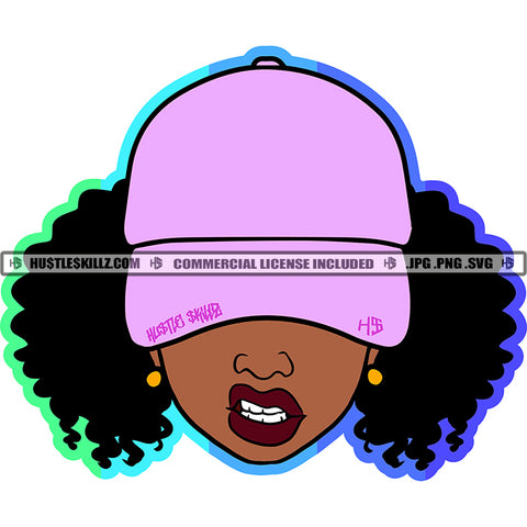 African American Melanin Woman Purple Baseball Cap Hat Curly Hairstyle Big Hoop Earrings Grind Angry Face Vector Design Element SVG PNG JPG Vector Cutting Cricu