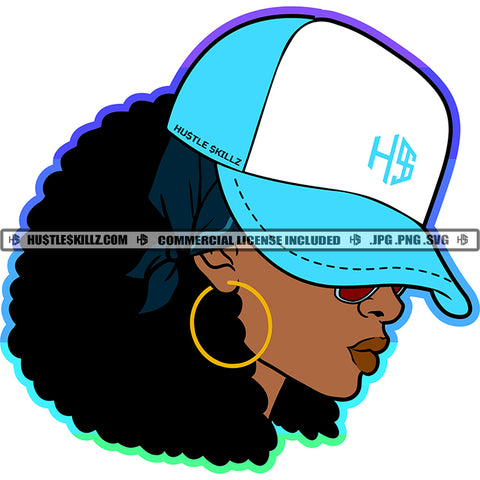 African American Melanin Woman Sky Blue Baseball Cap Hat Curly Hairstyle Big Hoop Earrings Grind Wearing Sunglass SVG PNG JPG Vector Cutting