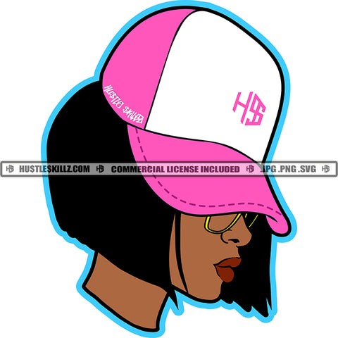 African American Woman Wearing Pink Baseball Cap Hat Short Hairstyle Big Hoop Earrings Grind Vector Design Element SVG PNG JPG Vector Cutting Cricut