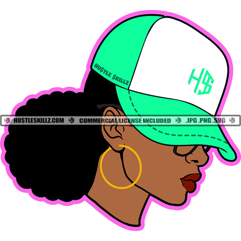 African American Melanin Woman Green Color Baseball Cap Hat Curly Hairstyle Big Hoop Earrings Grind Wearing Sunglass Vector Design Element SVG PNG JPG Vector Cutting