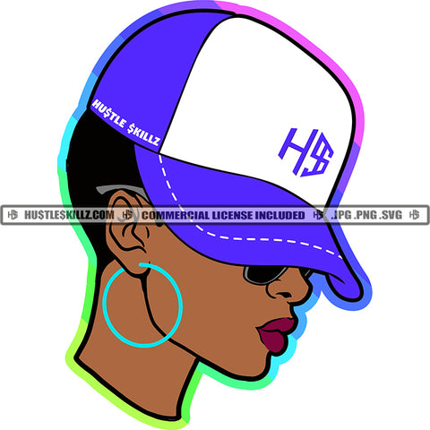 African American Woman Wearing Blue Baseball Cap Hat Afro Puff Hairstyle Big Hoop Earrings Melanin Woman Wearing Sunglass Design Element SVG PNG JPG Vector Cutting Cricut