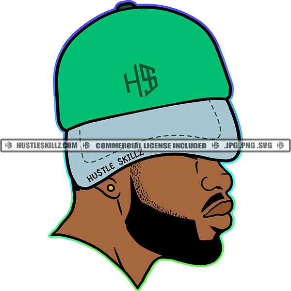 Black Man Full Beard Green Gray Side Baseball Cap Hat Gold Earring Hustler Hustle Skillz JPG PNG  Clipart Cricut Silhouette Cut Cutting