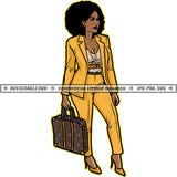 Black Woman  Gold Yellow Pants Suit Business Woman Briefcase Afro Gold Chain Necklace Skillz JPG PNG  Clipart Cricut Silhouette Cut Cutting