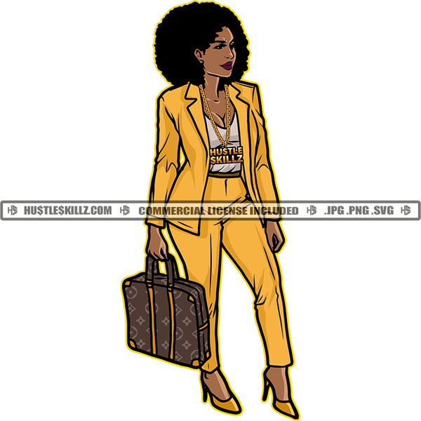 Black Woman  Gold Yellow Pants Suit Business Woman Briefcase Afro Gold Chain Necklace Skillz JPG PNG  Clipart Cricut Silhouette Cut Cutting