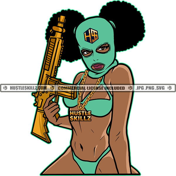 Masked Black Woman Bikini Carrying Big Gun Weapon Gold Gun Gold Chains Afro Puffs  Skillz JPG PNG  Clipart Cricut Silhouette Cut Cutting
