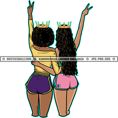 Two Ladies Friends Besties Friendship Queens Crowned Track Shorts Peace Sign Pink Purple Shorts Hug  Skillz JPG PNG  Clipart Cricut Silhouette Cut Cutting