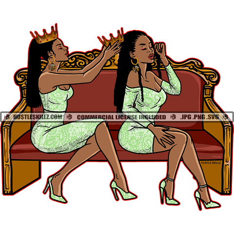 Two Queens Two Women Crowns Black Women Dresses Friends Best Friends Bestie Friendship Braids Putting On Crown  Skillz JPG PNG  Clipart Cricut Silhouette Cut Cutting