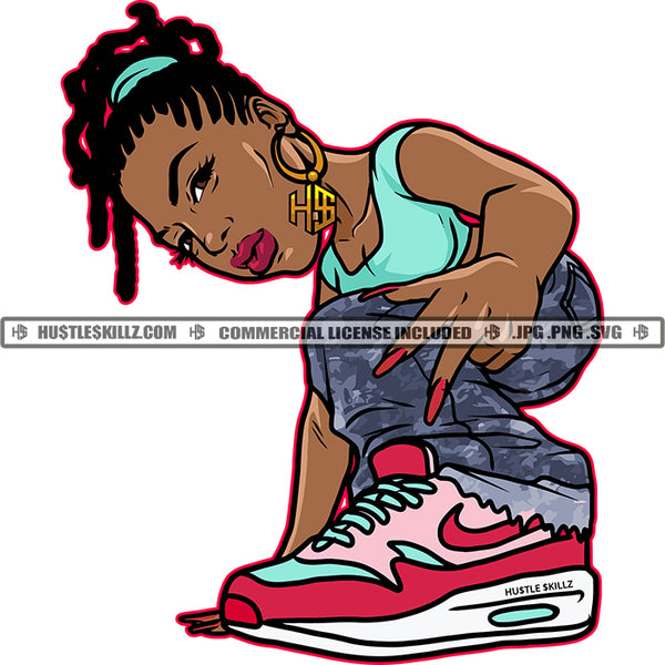Black Woman Little Person Gangster Hood Dreads Locs Jeans Sneakers Gold Hoops Sign Skillz JPG PNG  Clipart Cricut Silhouette Cut Cutting