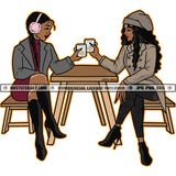 Two Black Women Braids Having Coffee Tumblers Mugs Bench Boots Legs Crossed Winter Hats Skillz JPG PNG  Clipart Cricut Silhouette Cut Cutting