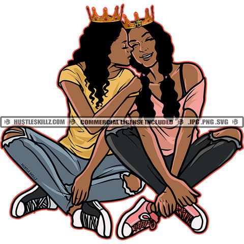 Queens Crowns Two Women Friends Besties Girlfriends Ripped Jeans Sneakers Couple Skillz JPG PNG  Clipart Cricut Silhouette Cut Cutting