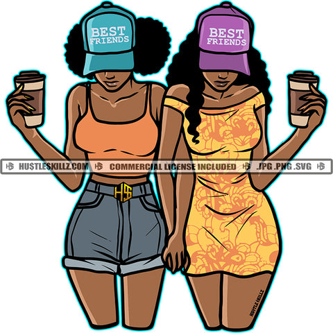 Two Women Friends Besties Girlfriends Baseball Caps Hats Coffee Tumblers Dress Jean Shorts Holding Hands Skillz JPG PNG  Clipart Cricut Silhouette Cut Cutting