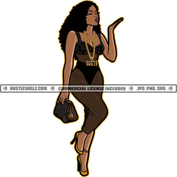 Black Woman Blowing Kiss One Piece Black Leotard Pants Top Gold Necklace Chain Heels Purse Handbag  Skillz JPG PNG  Clipart Cricut Silhouette Cut Cutting