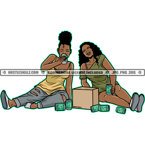 Two Women Friends Besties Girlfriends Laughing Drinking Beer Ripped Jeans Skillz JPG PNG  Clipart Cricut Silhouette Cut Cutting