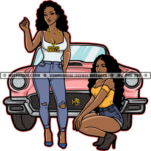Two Black Women Standing Pink Car Kneeling  Ripped Jeans Jean Shorts Tank Tops Boots Heels  Skillz JPG PNG  Clipart Cricut Silhouette Cut Cutting