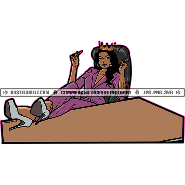 Queen Crowned Black Woman Boss Lady Sitting Behind Desk Purple Business Suit Company  Skillz JPG PNG  Clipart Cricut Silhouette Cut Cutting