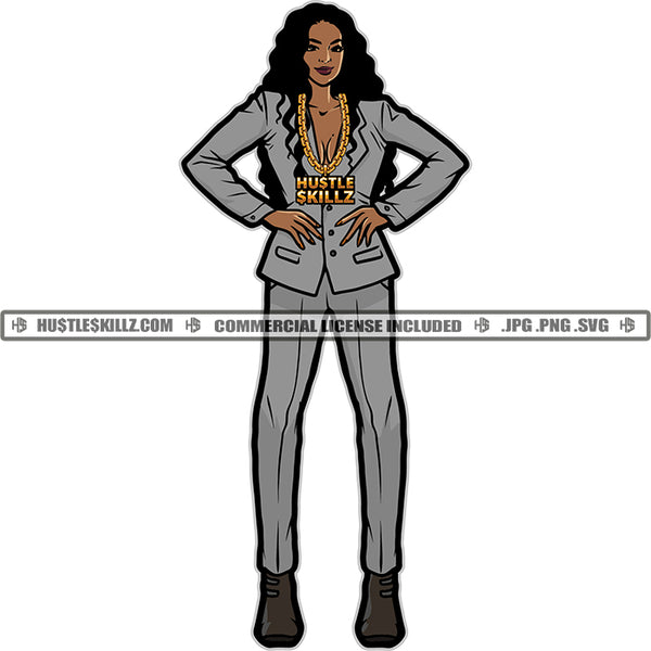 Black Woman Hands Hips Gray Pants Suit Long Hair Boss Lady Gold Chain Necklace Skillz JPG PNG  Clipart Cricut Silhouette Cut Cutting