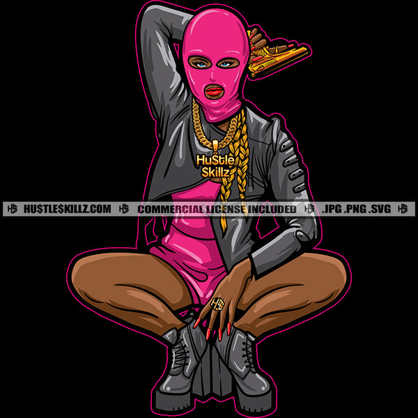 Gangster Woman Wearing Pink Ski Mask Carrying Gold Gun Pistol Weapon Squatting Gray Leather Jacket and Boots Skillz JPG PNG  Clipart Cricut Silhouette Cut Cutting