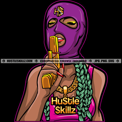 Gangster Woman Purple Ski Mask Braids Carrying Gold Gun Pistol Weapon Long Nails Skillz JPG PNG  Clipart Cricut Silhouette Cut Cutting