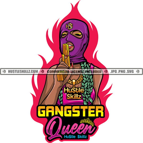 Gangster Queen Quote Color Vector African American Gangster Woman Holding Gun Design Element Nubian Woman Waring Musk Hustler Hustling SVG JPG PNG Vector Clipart Cricut Cutting Files