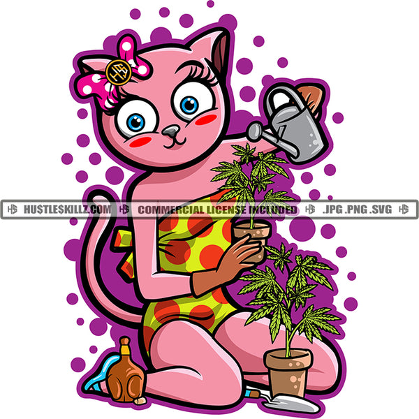 Cute Pink Cat Planting Marijuana Colorful Vector Art Marijuana Leaf Garden Planter Pink Cat Weed Cannabis High Life SVG JPG PNG Vector Clipart Cricut Cutting Files