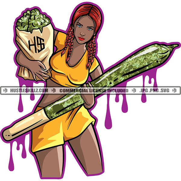 African American Woman Carrying Bag Marijuana And Blunt Vector Cannabis Leaf Herbs Stoned High Life Dripping Vector SVG JPG PNG Clipart Cricut Cutting Files