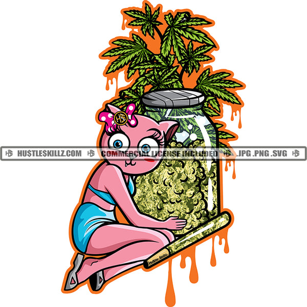 Cute Pink Cat Woman Holding Jar Plants Blunt Cannabis Leaf Vector Marijuana Smoke Pot Stoned SVG JPG PNG Vector Clipart Cricut Cutting Files