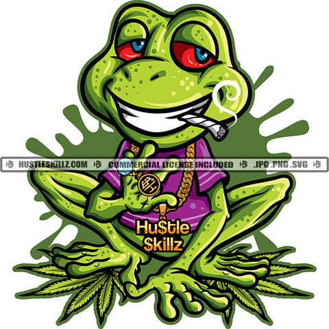 Smile Face Frog Smoking Cigar Dripping Vector Red Eyes Frog Marijuana Leaf Cannabis High Life 420 Blunt Smoking Pot Stoned Silhouette SVG JPG PNG Vector Clipart Cricut Cutting Files