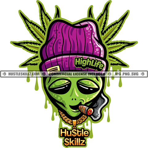 Alien Smoking Cannabis Blunt Colorful Vector Marijuana Leaf High Life 420 Blunt Smoking Pot Stoned Silhouette SVG JPG PNG Vector Clipart Cricut Cutting Files