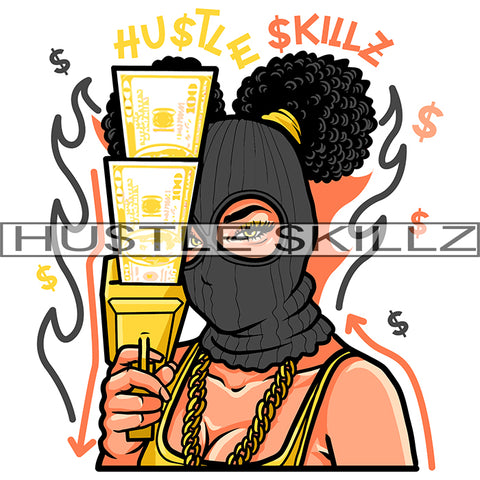 African American Woman Holding Money Dripping Gun Melanin Nubian Girl Design Element Black Girl Magic Ski Mask Gangster SVG JPG PNG Vector Clipart Cricut Cutting Files