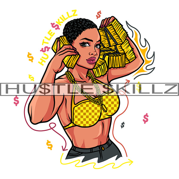 African American Woman Holding Bundle Money Melanin Nubian Girl Wearing Bikini Black Girl Magic Ski Mask Gangster SVG JPG PNG Vector Clipart Cricut Cutting Files