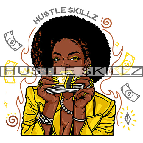 African American Woman Curly Hair Nubian Girl Holding Money Design Element Black Girl Magic Ski Mask Gangster SVG JPG PNG Vector Clipart Cricut Cutting Files