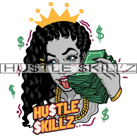 African American Zombie Woman Holding Money Melanin Girl Crown On Head Black Girl Curly Hair Design Element Magic Ski Mask Gangster SVG JPG PNG Vector Clipart Cricut Cutting Files