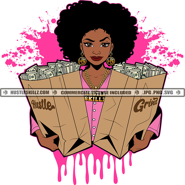 Black Woman Afro Two Grocery Bags Brown Bags Money Cash Dollar Bills Dripping Pink Jacket Skillz JPG PNG  Clipart Cricut Silhouette Cut Cutting