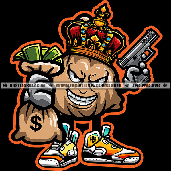 Angry Face Money Bag Cash Character Holding Money Bag And Gun Vector Crown On Head Design Element Hustler Hustling SVG JPG PNG Vector Clipart Cricut Cutting Files