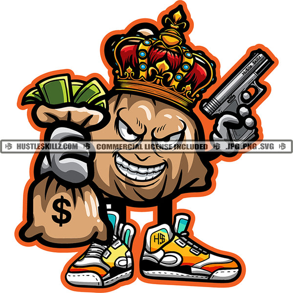 Angry Face Money Bag Cash Character Holding Money Bag And Gun Vector Crown On Head Design Element Hustler Hustling SVG JPG PNG Vector Clipart Cricut Cutting Files