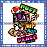 Puff Hip Hop Peace Quote Color Vector Cartoon Radio Smoking Marijuana Design Element Holding Money Bag Cap On Radio Head Hustler Hustling SVG JPG PNG Vector Clipart Cricut Cutting Files