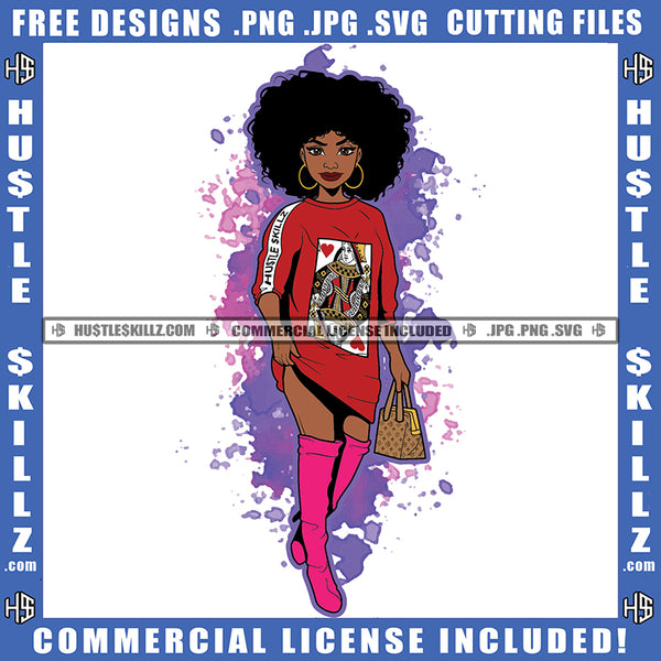 African American Sexy Woman Walking Design Element Nubian Woman Holding Bag Standing Hustler Hustling SVG JPG PNG Vector Clipart Cricut Cutting Files