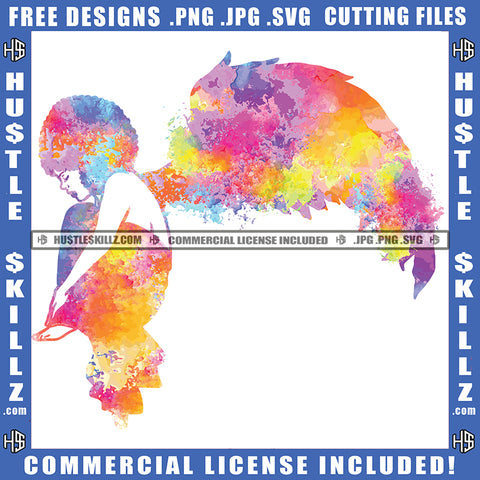 African American Angel Woman Rainbow Wings Design Element Nubian Woman Curly Hair Hustler Hustling SVG JPG PNG Vector Clipart Cricut Cutting Files