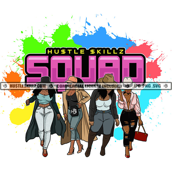 Squad Quote Color Vector African American Woman Standing Melanin Nubian Girl Holding Bag Design Element Black Girl Magic Ski Gangster SVG JPG PNG Vector Clipart Cricut Cutting Files