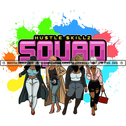 Squad Quote Color Vector African American Woman Standing Melanin Nubian Girl Holding Bag Design Element Black Girl Magic Ski Gangster SVG JPG PNG Vector Clipart Cricut Cutting Files