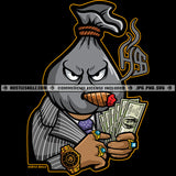 Money Bag Head Character Smoking Vector Holding Money Cash Bank Dollar Bill Melanin Hustler Hustling Angry Face Design Element SVG JPG PNG Vector Clipart Cricut Cutting Files