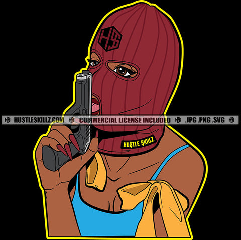 African American Woman Wearing Musk Design Nubian Girl Holding Gun Black Girl Mask Gangster Vector Design Element SVG JPG PNG Vector Clipart Cricut Cutting Files