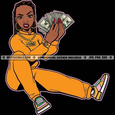 African Melanin Woman Holding Money Showing Off Bragging Hustler Grind Dope Girl Diva Nubian Vector Design Element SVG PNG JPG Vector Cut Cutting Cricut