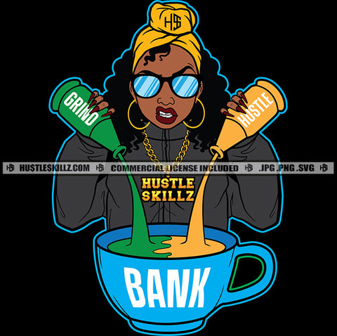 African American Woman Wearing Sunglass Melanin Woman Holding Soda Bottle Curly Hair Vector Design Element Soda Mix On Cup SVG JPG PNG Vector Clipart Cricut Cutting Files
